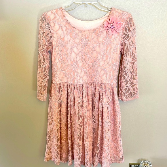 Pippa & Julie girls long sleeve LACE stretch formal dress blush pink size 14 - Picture 1 of 11
